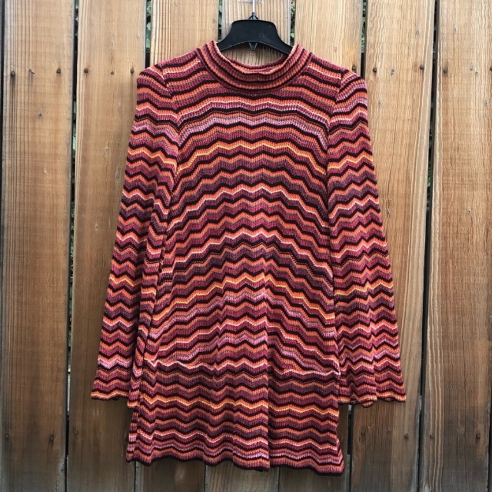 Free People knit red orange zig zag boho dress M - Picture 2 of 7